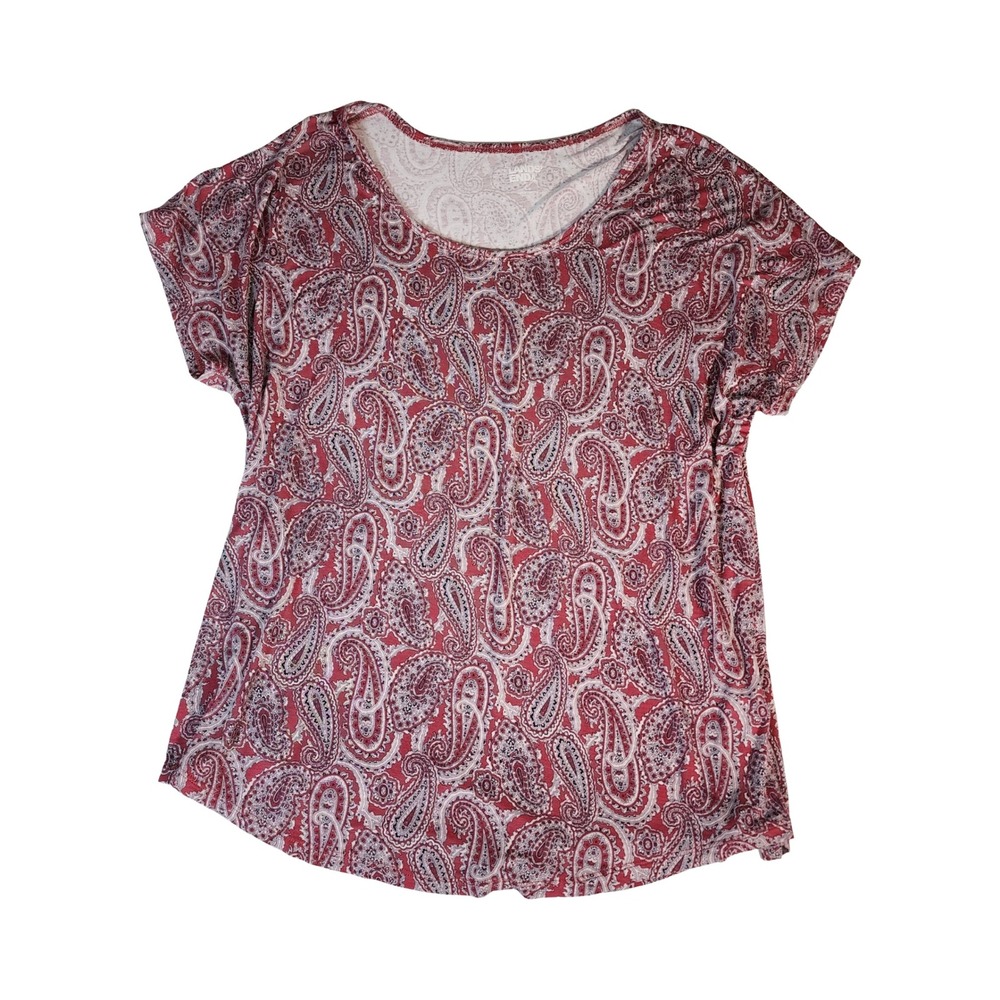 Lands End Womens Large 14-16 Red Paisley Rayon Blend Scoop Neck Short Sleeve Top